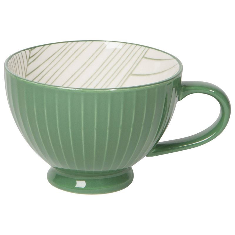 Now Designs Elm Stamped latte stoneware mug in green with a ribbed exterior and a cream striped interior
