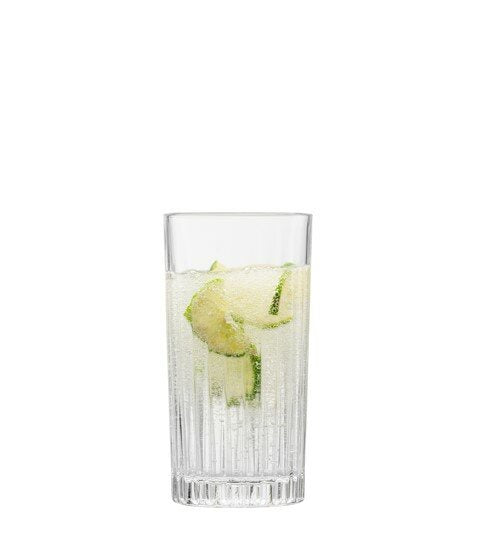 Schott Zwiesel Stage long drink glass, 440ml, with vertical fluting, filled with a gin and tonic and cucumber