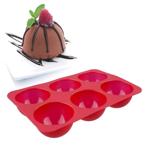 Daily Bake silicone dome dessert mould in red, shown with a chocolate dome dessert topped with raspberry and mint