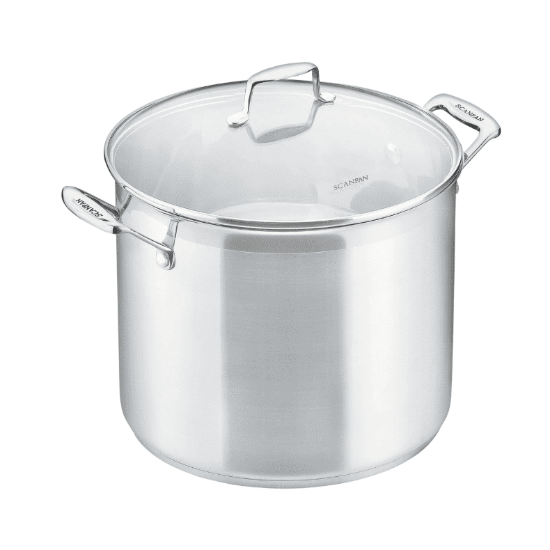 Scanpan STS 11 litre stock pot in stainless steel with a glass lid and two handles