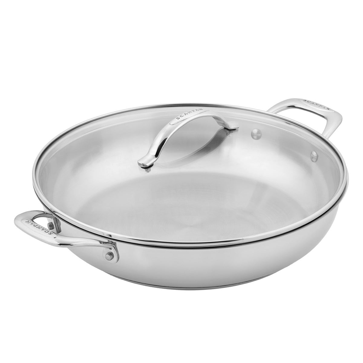 Scanpan STS 32cm chef pan in stainless steel with a glass lid and two handles