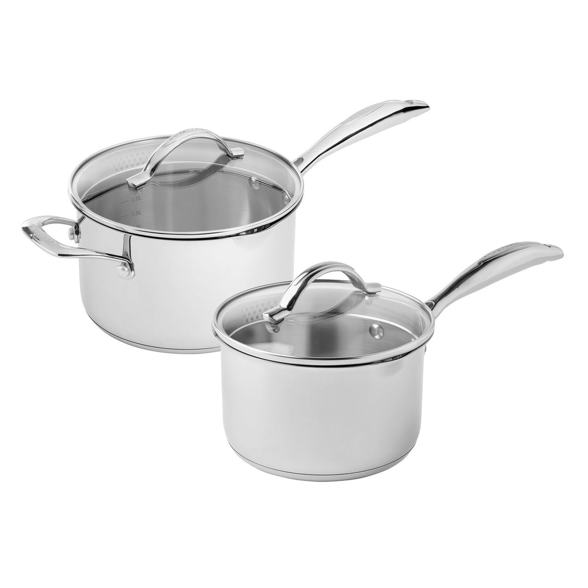 Scanpan STS two piece stainless steel saucepan set, 16cm and 20cm, with glass lids