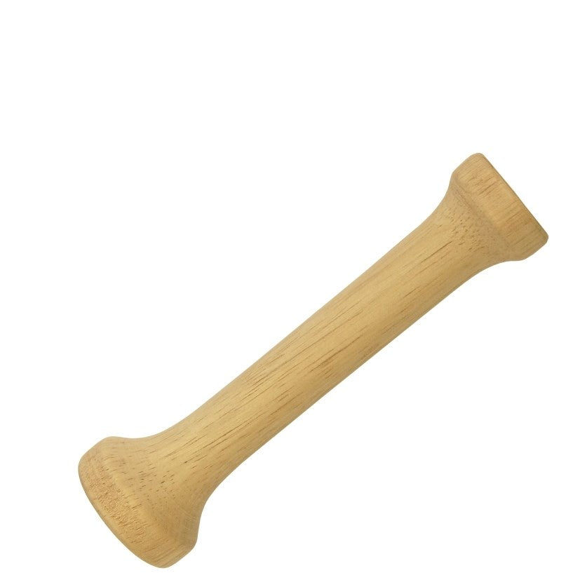 D Line wooden tart tamper in pale wood with a flared base and a ridged handle