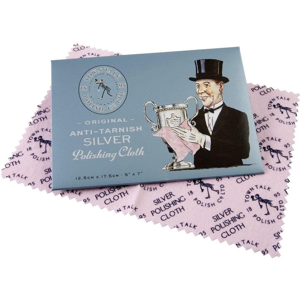 Town Talk Silver Cloth, an anti-tarnish silver polishing cloth in its packet with a butler on the front