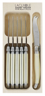 Andre Verdier cheese knife 6 piece set with cream handles, shown in a wooden box