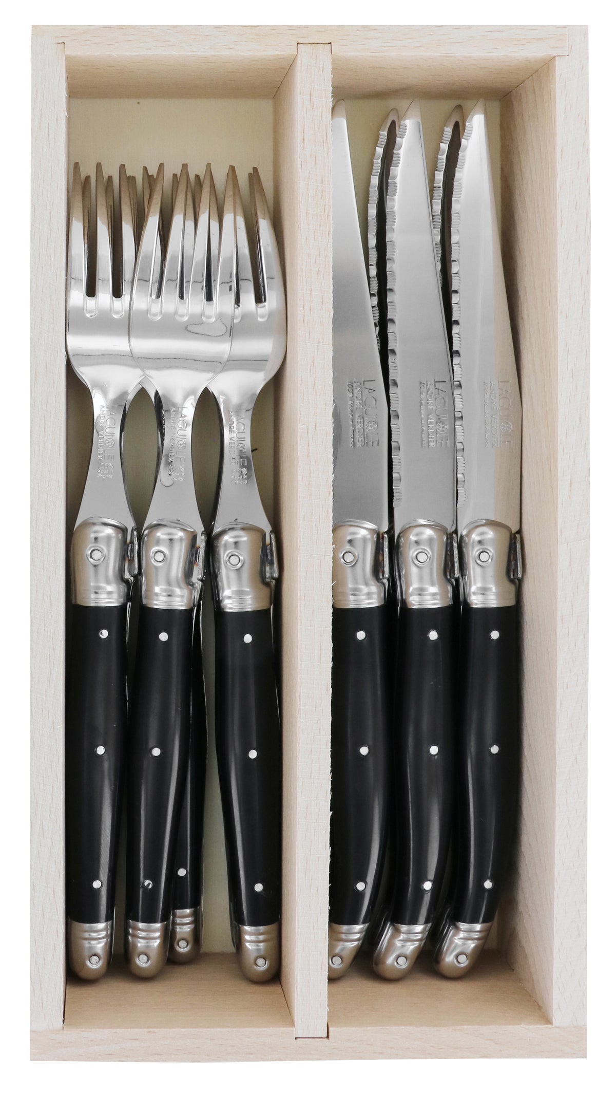 Andre Verdier Laguiole steak knives and forks, twelve pieces with black handles, in a pale wooden box