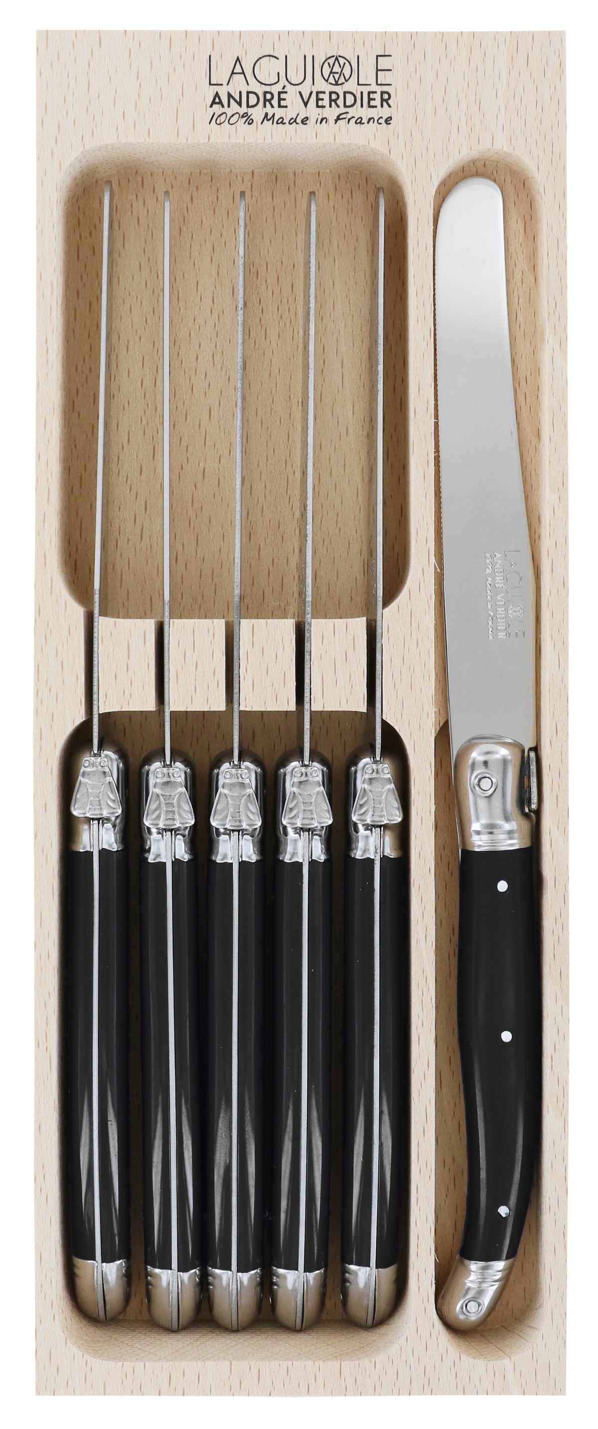 Andre Verdier Laguiole dinner knife set, six with black handles, shown in a wooden box