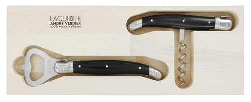 Andre Verdier Laguiole apero set of a bottle opener and a corkscrew with black handles in a wooden tray