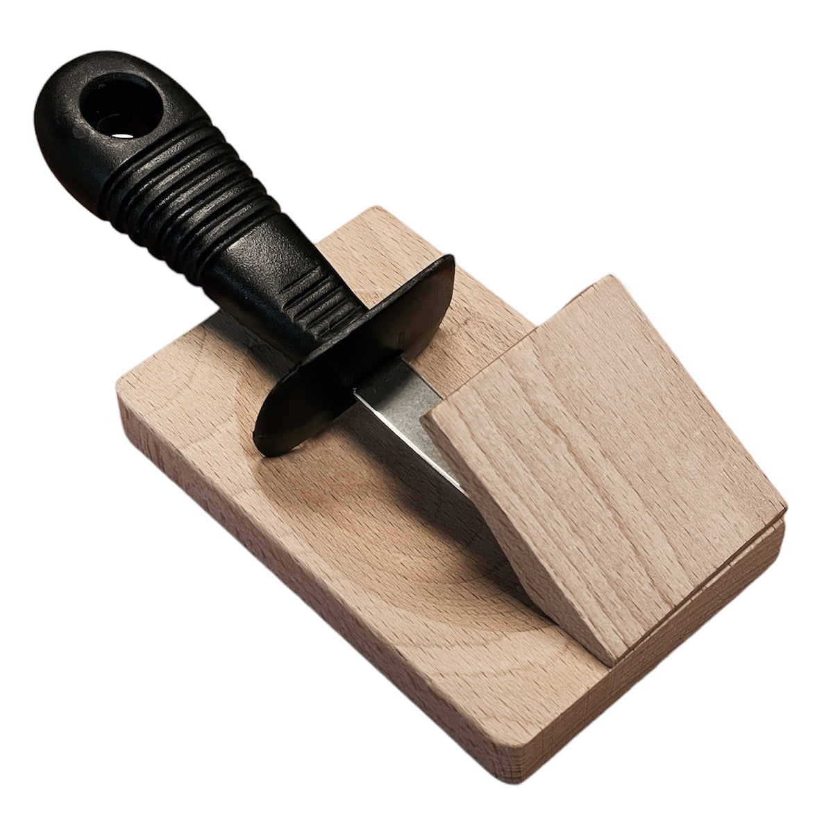 Andre Verdier Laguiole oyster shucker set with a black handle and a wooden holder