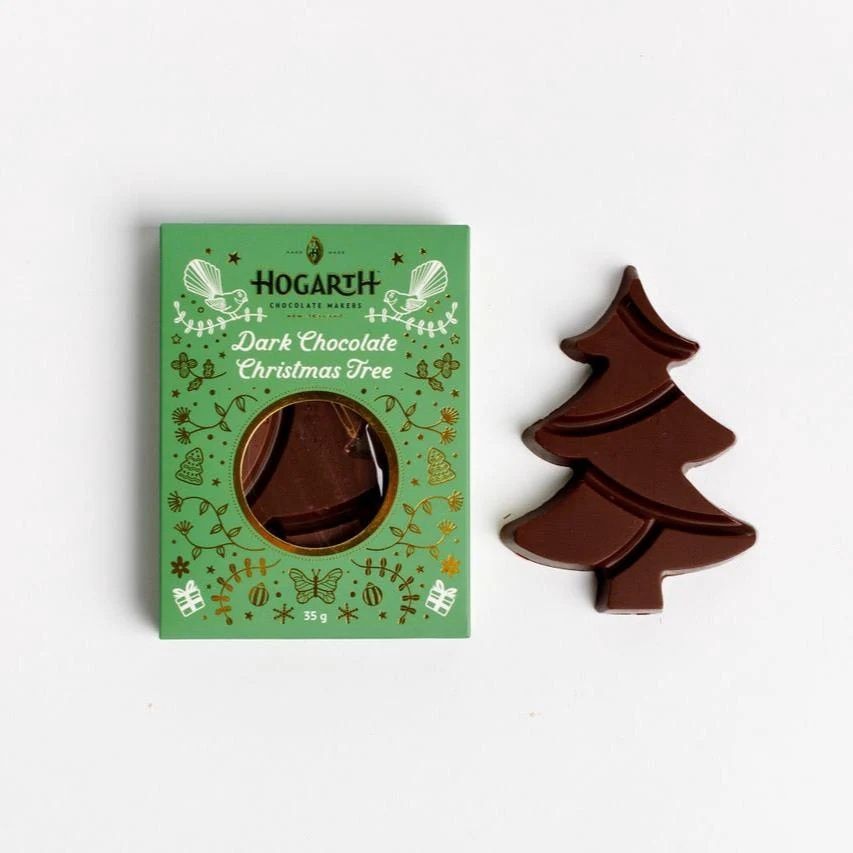 Hogarth Dark Chocolate Christmas Tree, a chocolate tree shape beside its green window box