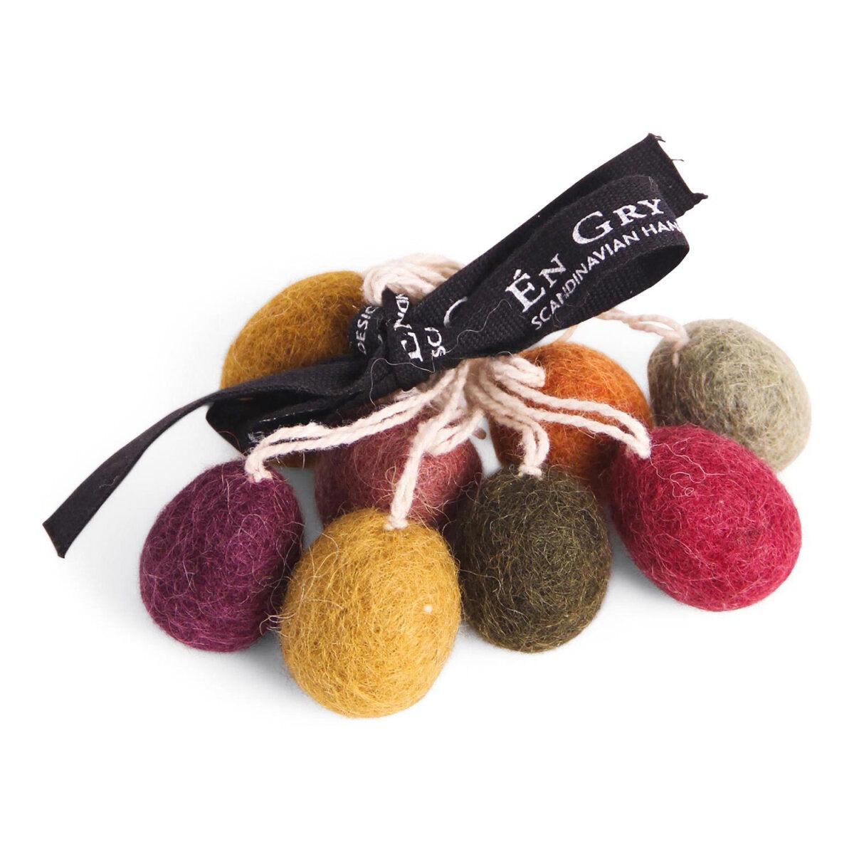 Gry & Sif mini eggs, a bunch of eight felt eggs in mustard, plum, olive and pink tied with a black ribbon