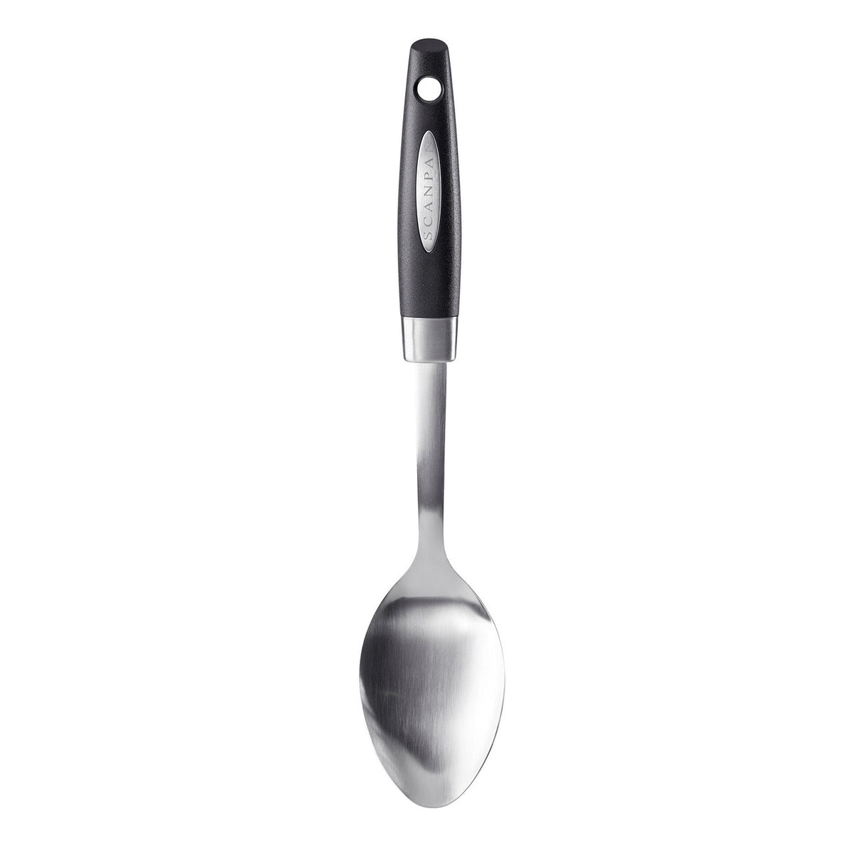Scanpan 32cm serving spoon in stainless steel with a black handle