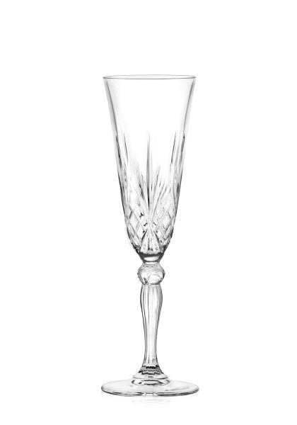 RCR Melodia crystal champagne flute with a cut pattern on the bowl and stem