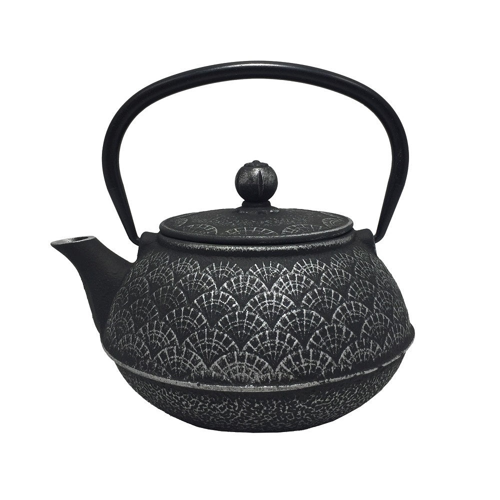 Teaology cast iron teapot in black with a silver Oriental Fan pattern and an arched handle
