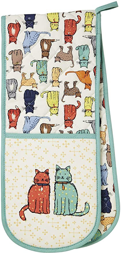 Ulster Weavers Catwalk double oven glove with colourful cats on cream and a pair of cats on the pocket