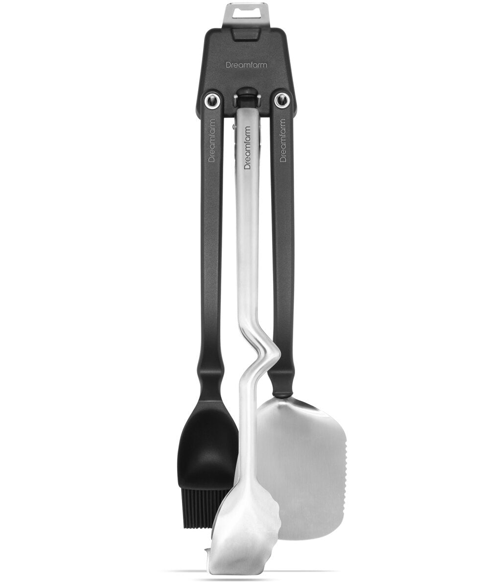 Dreamfarm BBQ grill tools set with folding tongs, brush and spatula in black and steel