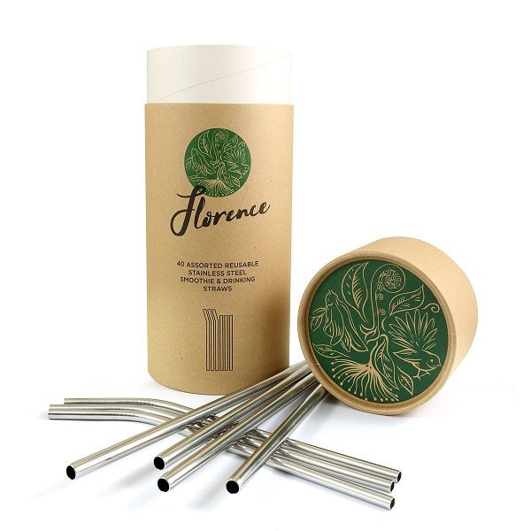 Florence stainless steel straws, a bundle of bent metal straws in a kraft tube