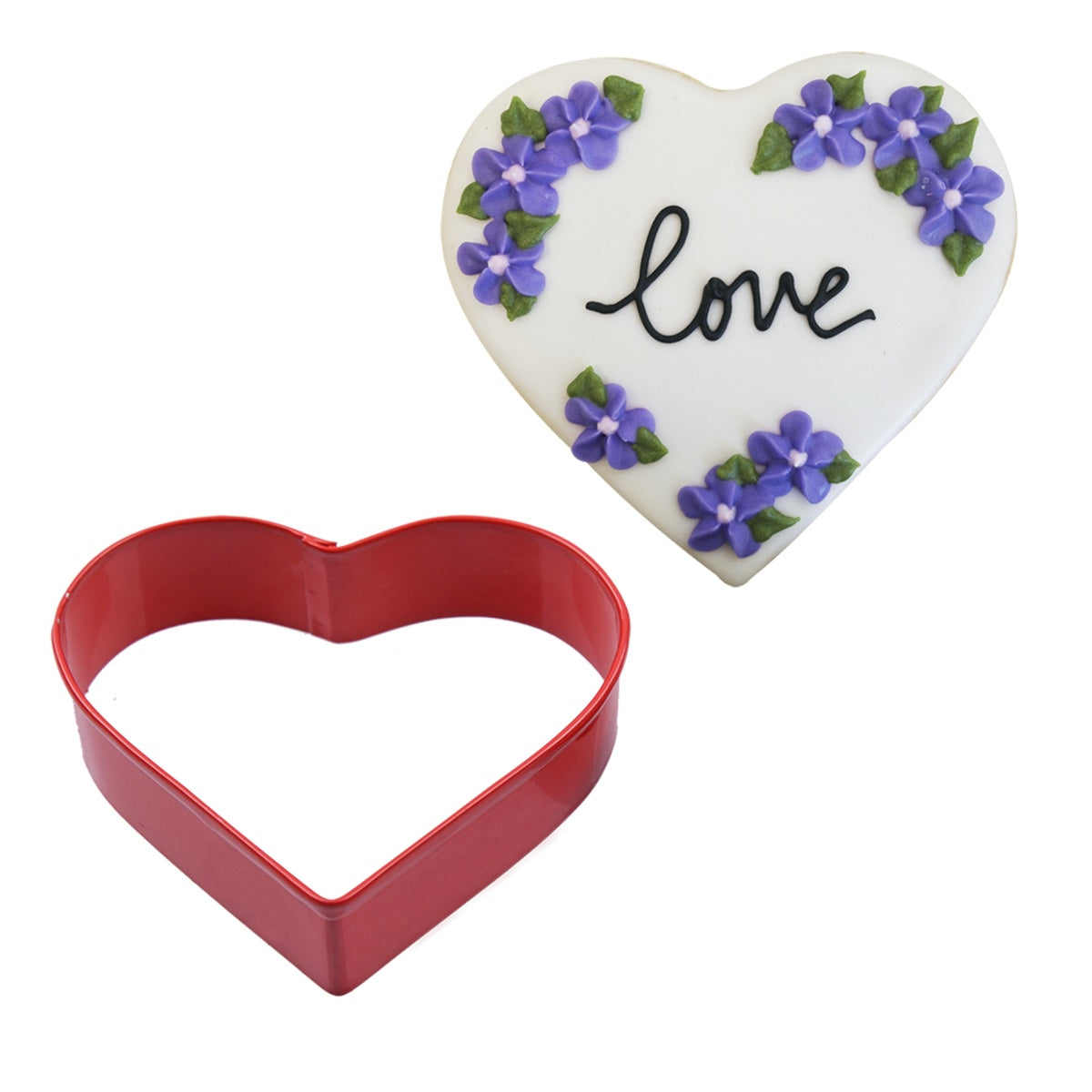 R&M miniature red heart cookie cutter, 3.8cm, shown with a decorated heart cookie