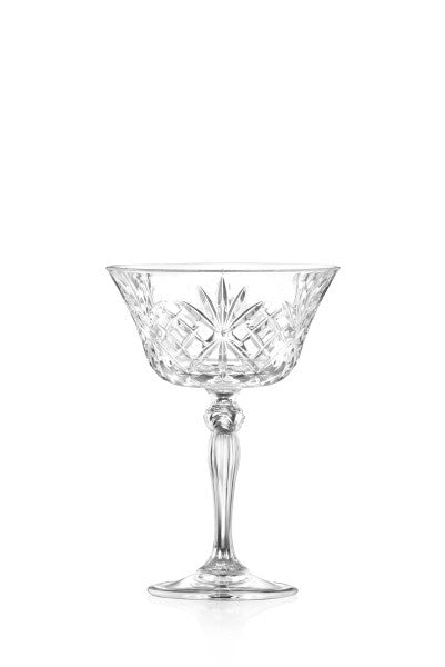 RCR Melodia crystal coupe champagne glass, 260ml, with a cut pattern on the bowl and stem