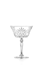 RCR Melodia crystal coupe champagne glass, 260ml, with a cut pattern on the bowl and stem