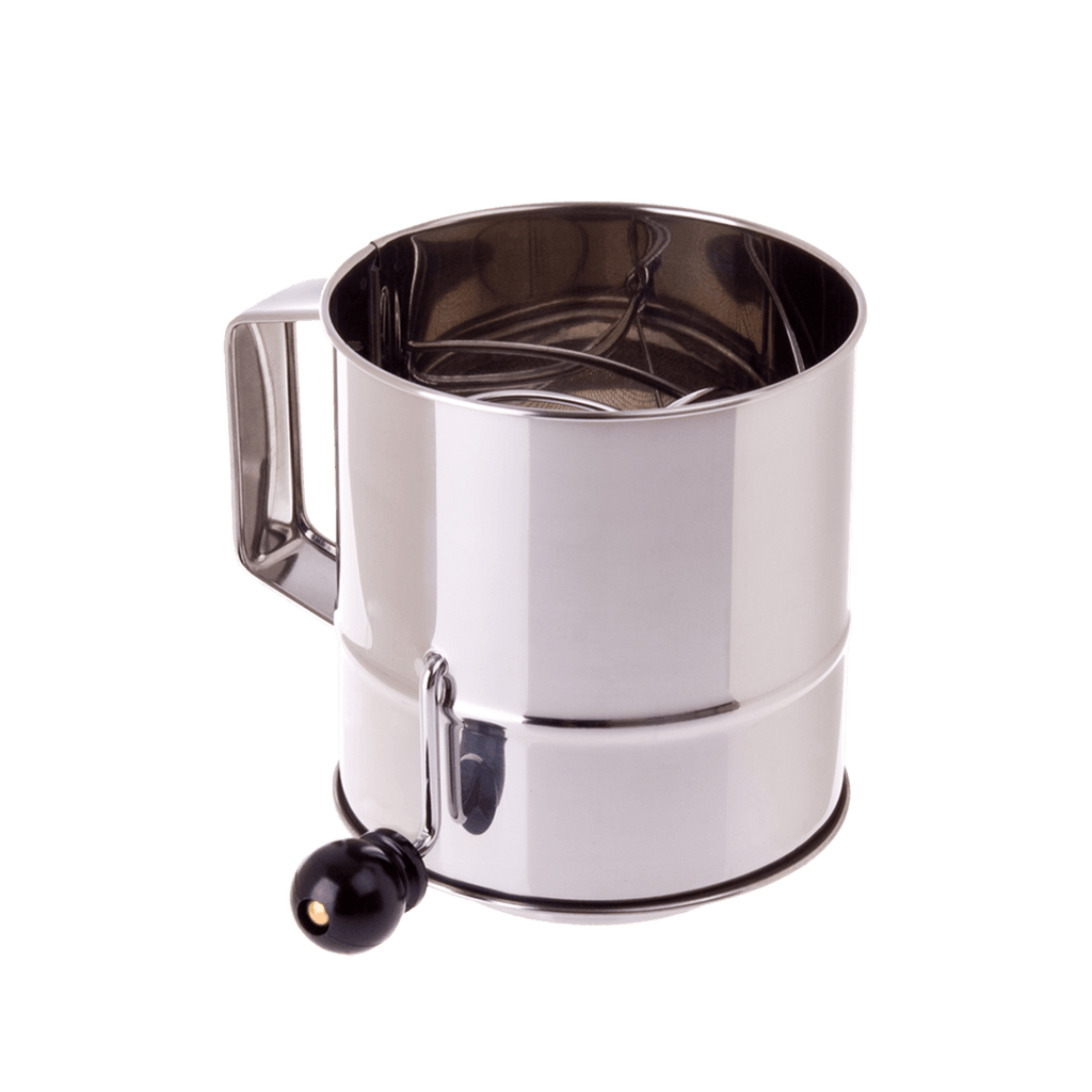 Appetito stainless steel flour sifter with a crank handle