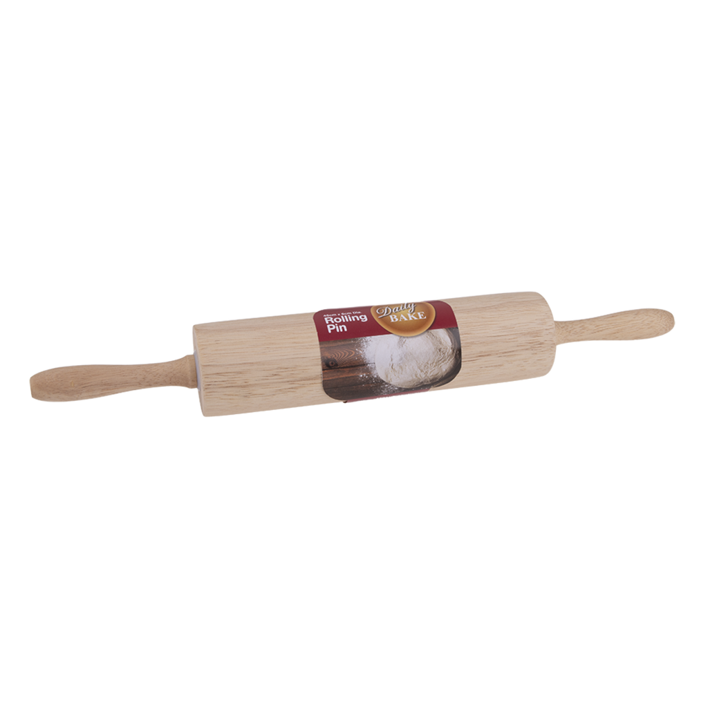 Daily Bake rubberwood rolling pin, 45cm, with two handles and a paper label