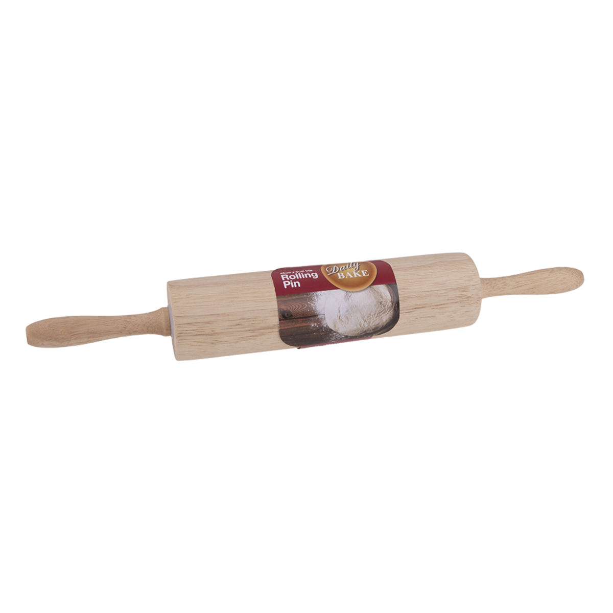 Daily Bake rubberwood rolling pin, 45cm, with two handles and a paper label