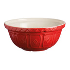 Mason Cash red mixing bowl, 24cm and 2 litre, with an embossed diamond pattern and a cream interior