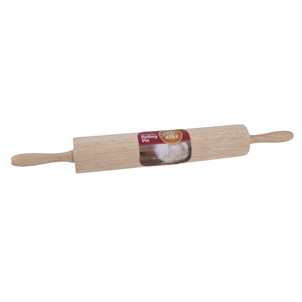 Daily Bake 50cm rubberwood rolling pin with two handles and a paper label