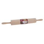 Daily Bake 50cm rubberwood rolling pin with two handles and a paper label
