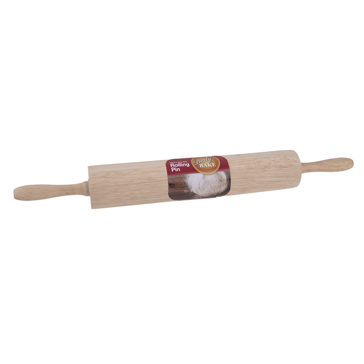 Daily Bake 50cm rubberwood rolling pin with two handles and a paper label