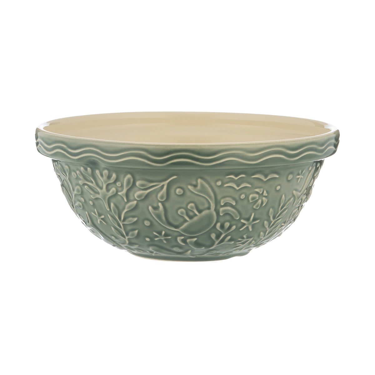 Mason Cash Nautical Grey crab mixing bowl, 26cm, in green-grey with embossed sea life and a scalloped rim