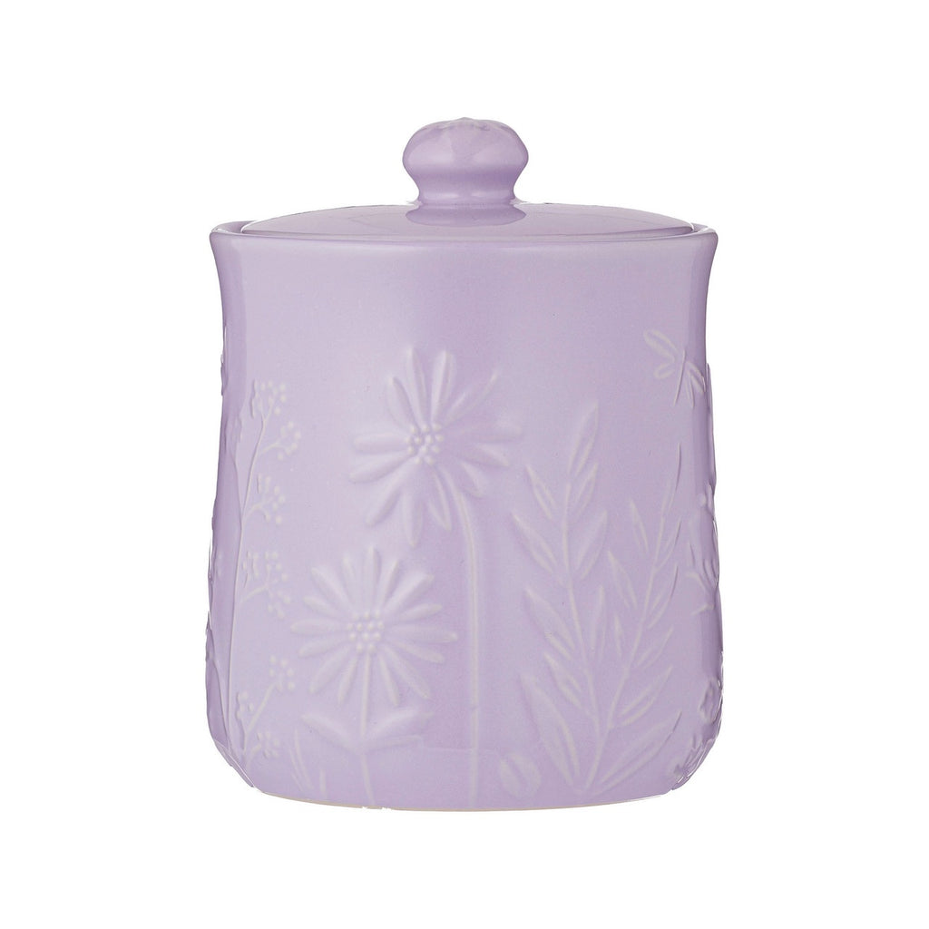Mason Cash In The Meadow storage jar in lilac with an embossed wildflower design and a lid