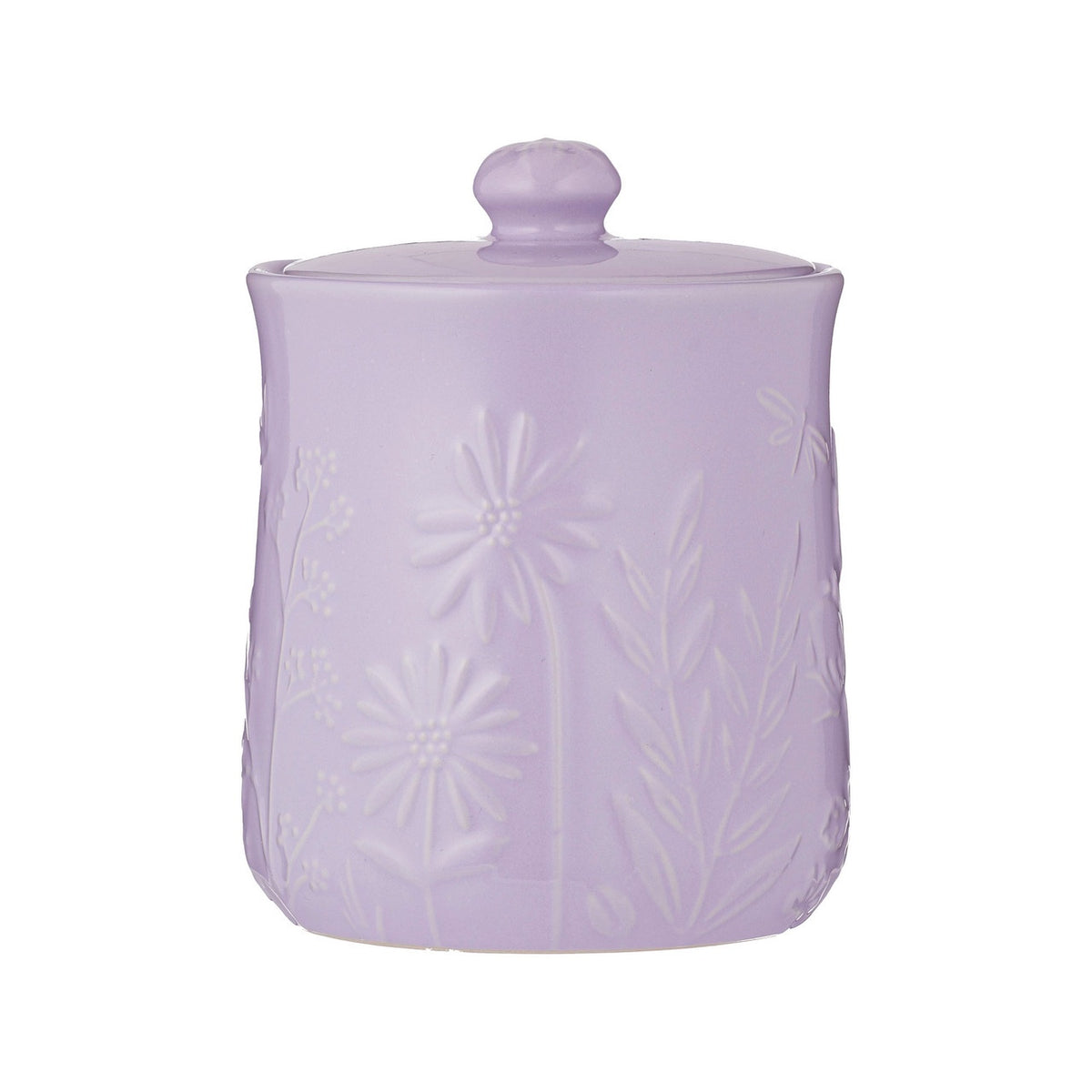 Mason Cash In The Meadow storage jar in lilac with an embossed wildflower design and a lid