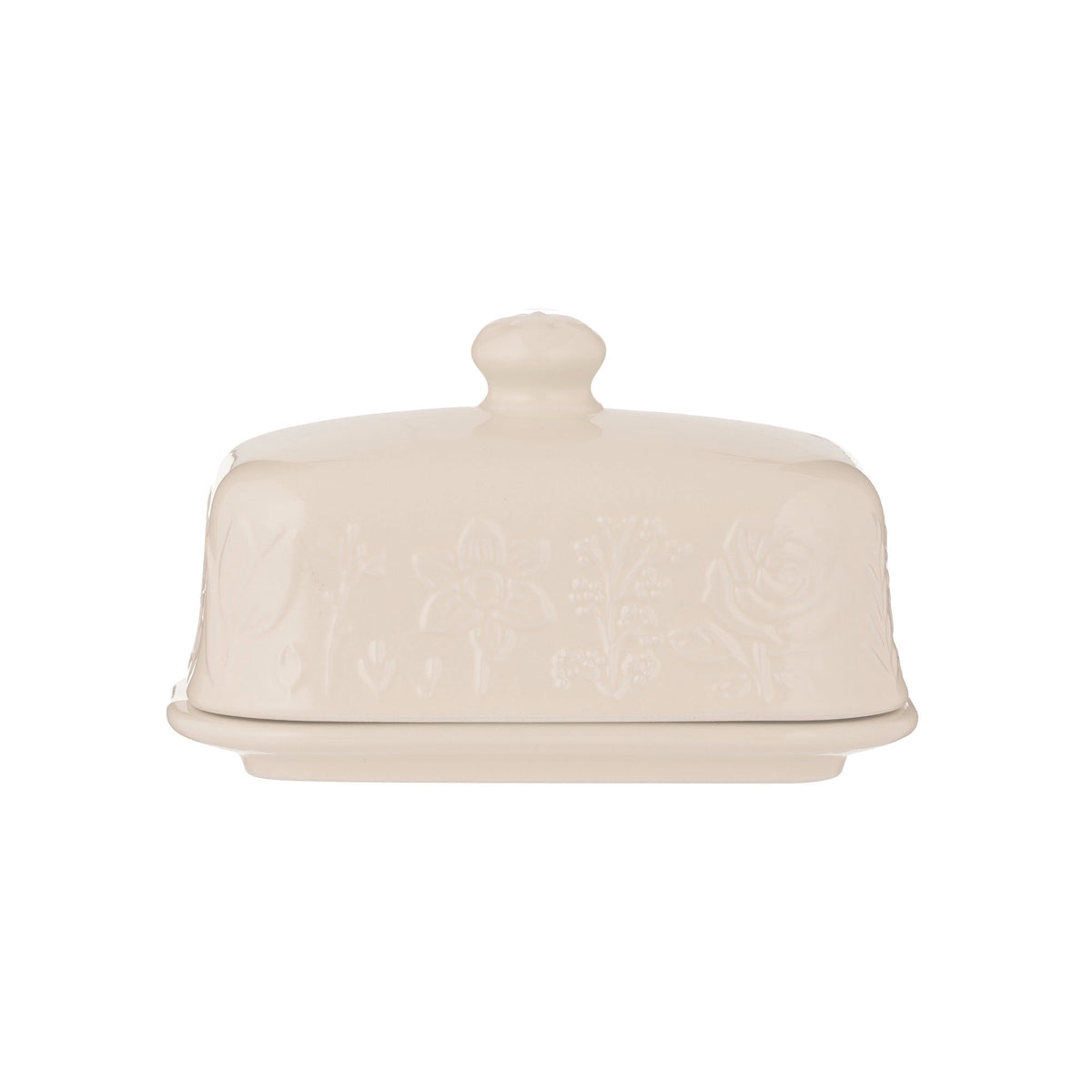Mason Cash In The Meadow butter dish in cream with an embossed floral pattern and a domed lid
