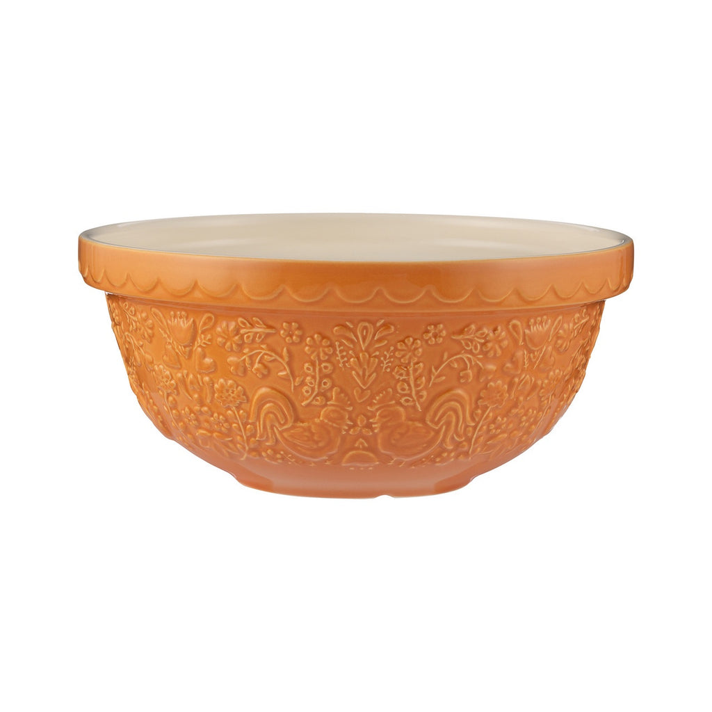 Mason Cash Home To Roost mixing bowl, 2 litre, in orange with an embossed hen and foliage design