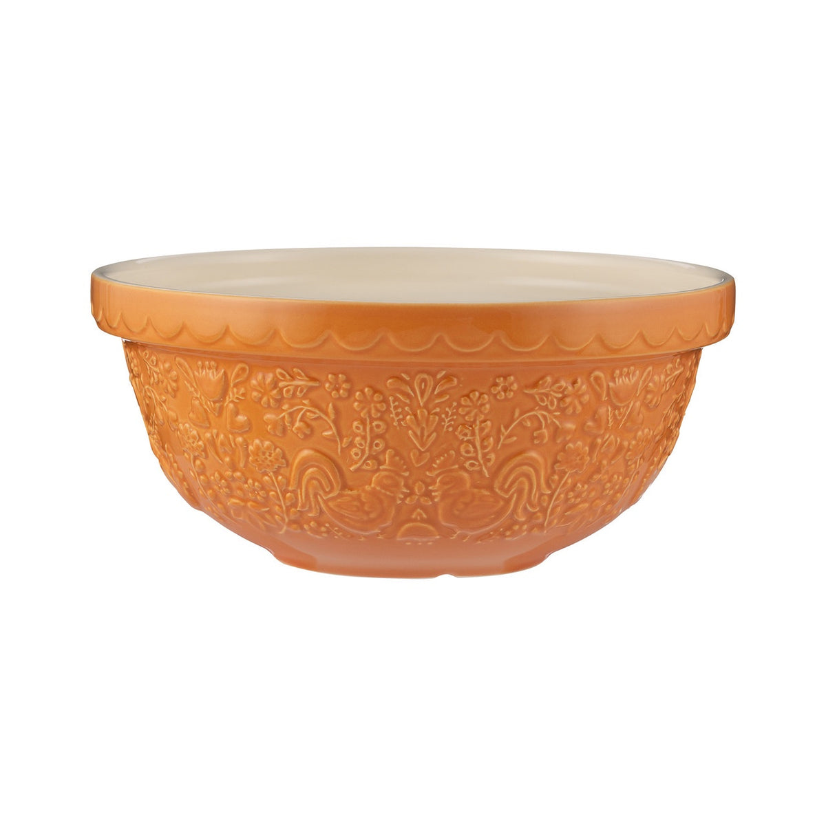 Mason Cash Home To Roost mixing bowl, 2 litre, in orange with an embossed hen and foliage design