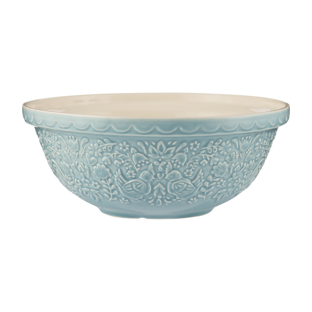 Mason Cash Home To Roost mixing bowl, 2.7 litre, in blue with embossed hens and foliage