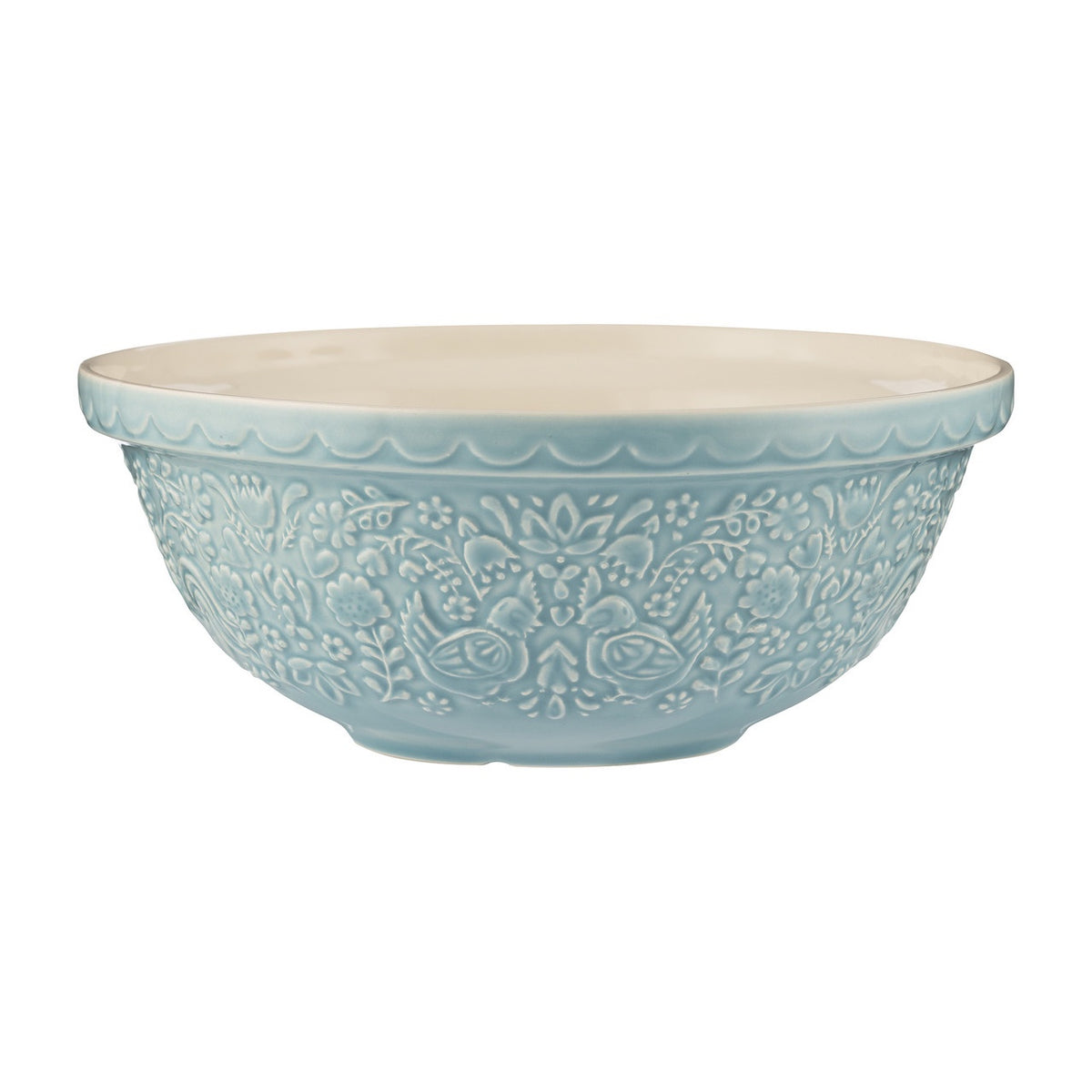 Mason Cash Home To Roost mixing bowl, 2.7 litre, in blue with embossed hens and foliage