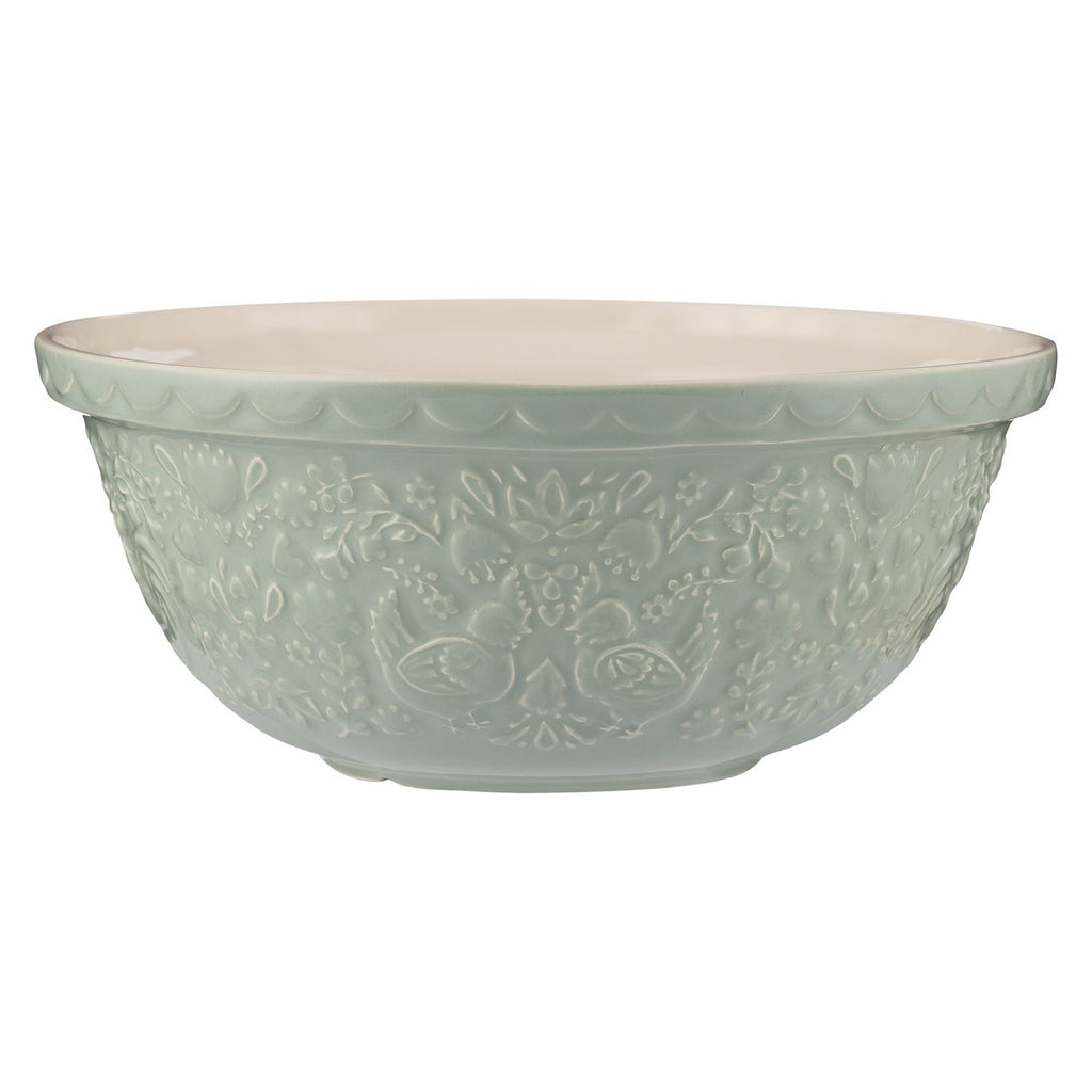 Mason Cash Home To Roost mixing bowl, 4L, in green with an embossed hen and folk pattern