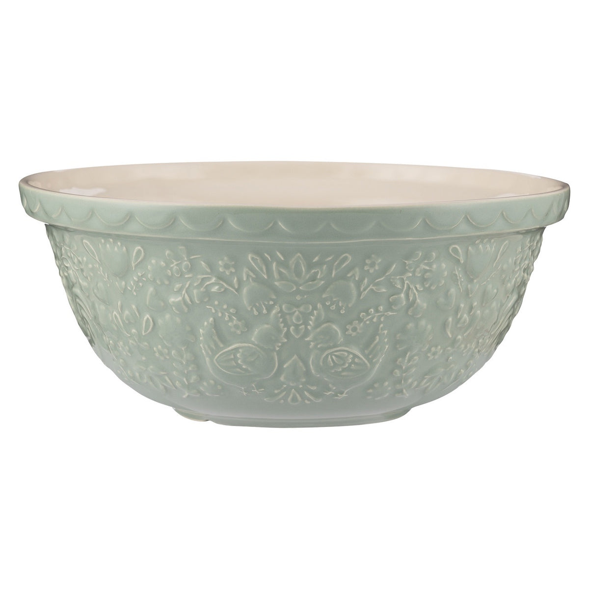 Mason Cash Home To Roost mixing bowl, 4L, in green with an embossed hen and folk pattern