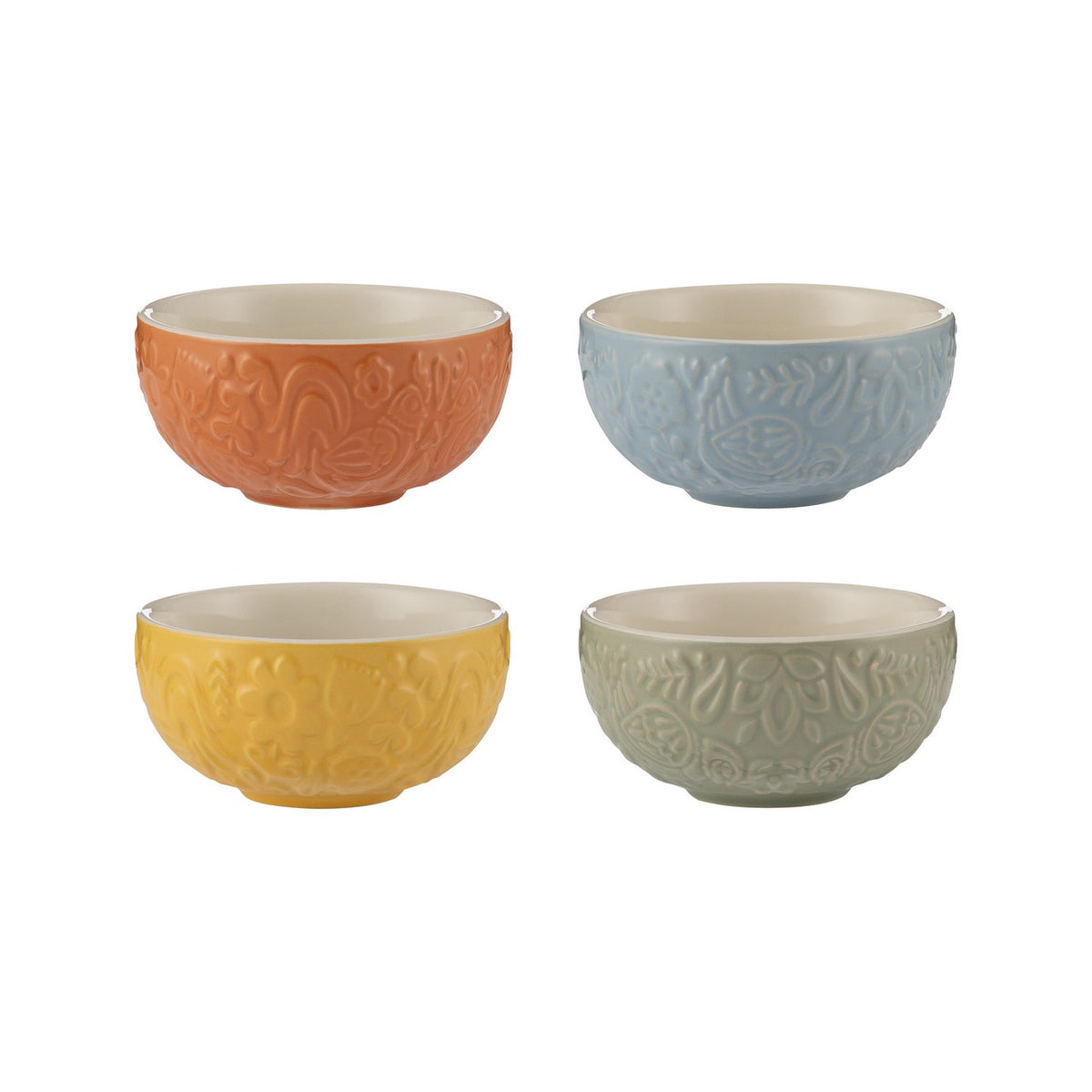 Mason Cash Home To Roost prep bowls set of four in orange, blue, yellow and green with embossed detail