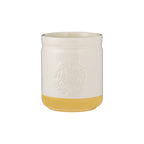 Mason Cash Home To Roost utensil pot in cream with a mustard yellow base and an embossed emblem