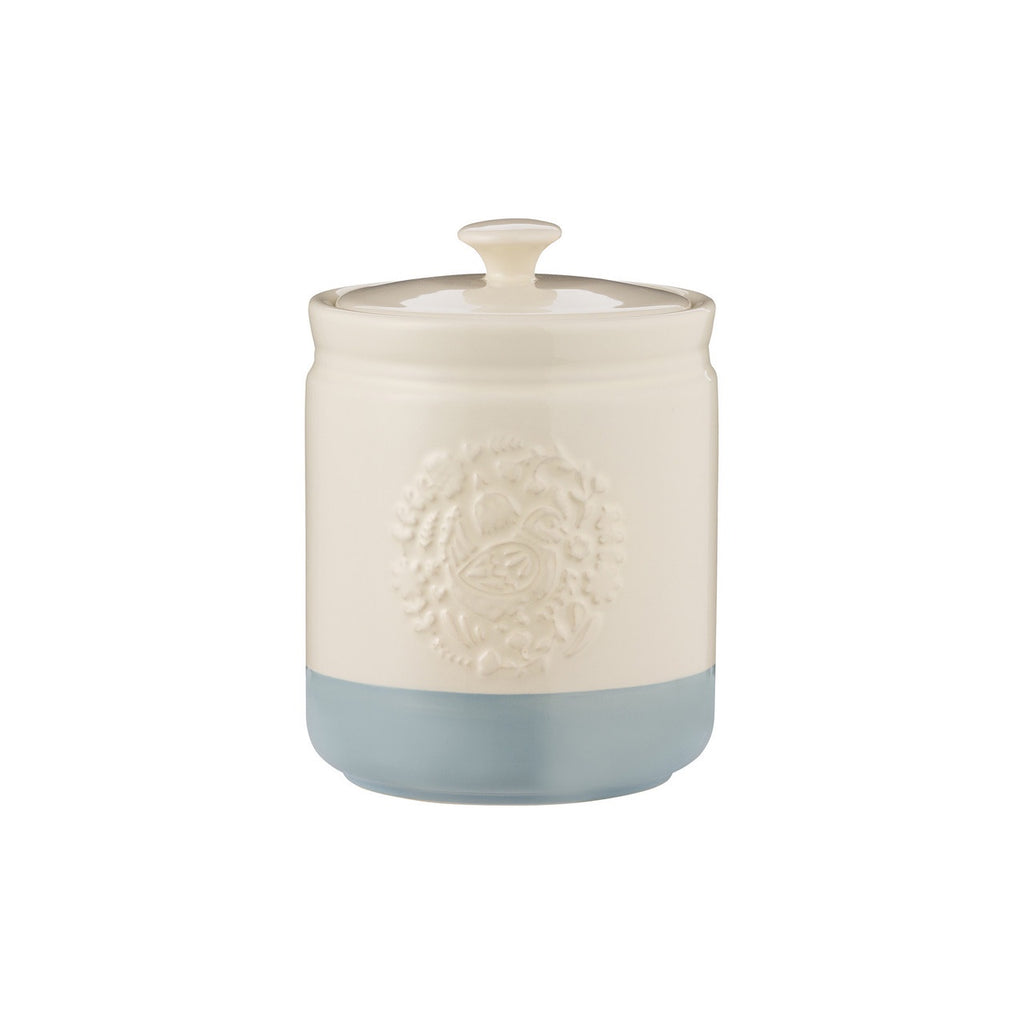 Mason Cash Home To Roost storage jar, 1 litre, in cream with a blue base and an embossed emblem