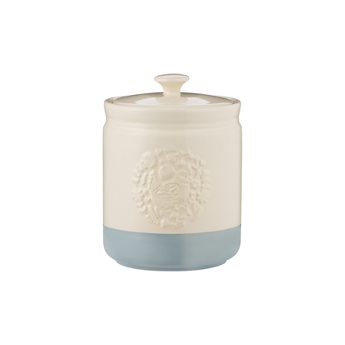 Mason Cash Home To Roost storage jar, 1 litre, in cream with a blue base and an embossed emblem