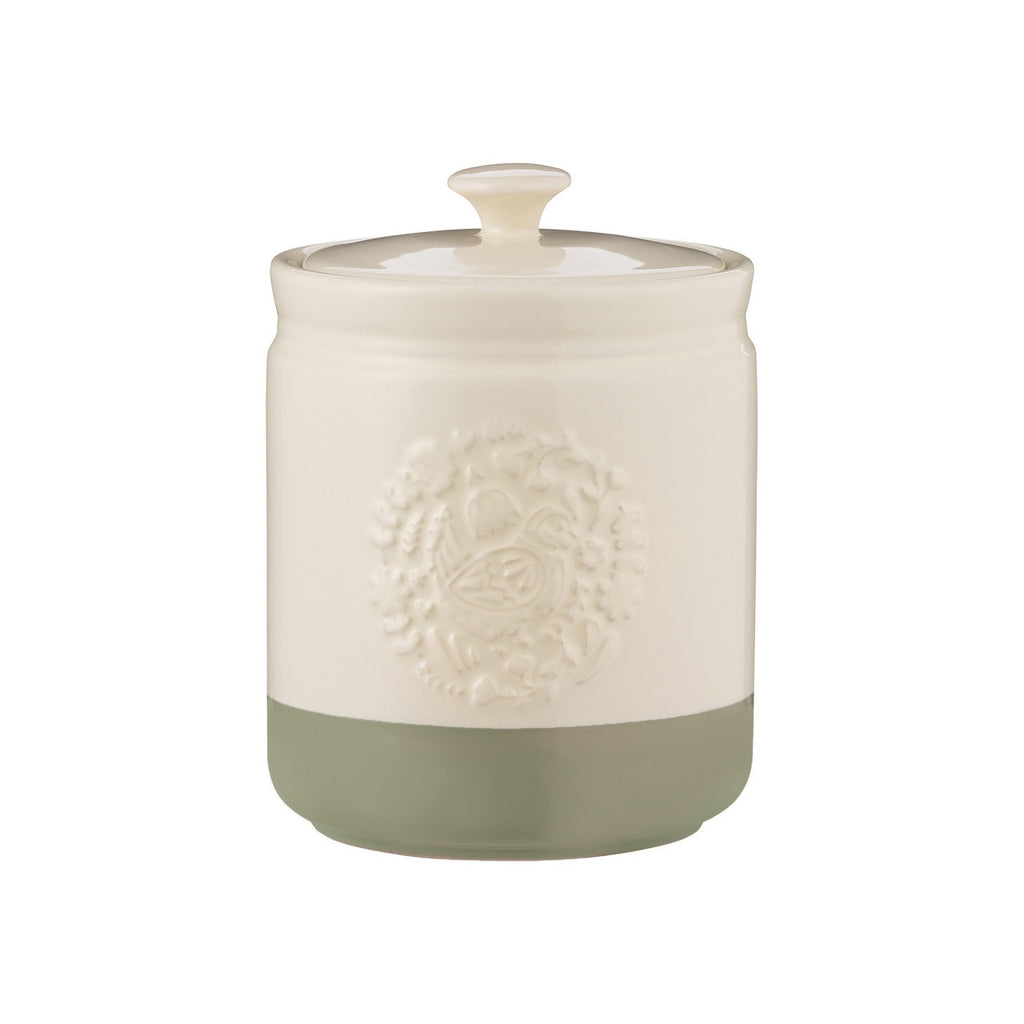Mason Cash Home To Roost large storage jar, 1.5 litre, in cream and sage green with an embossed emblem and a lid