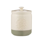 Mason Cash Home To Roost large storage jar, 1.5 litre, in cream and sage green with an embossed emblem and a lid