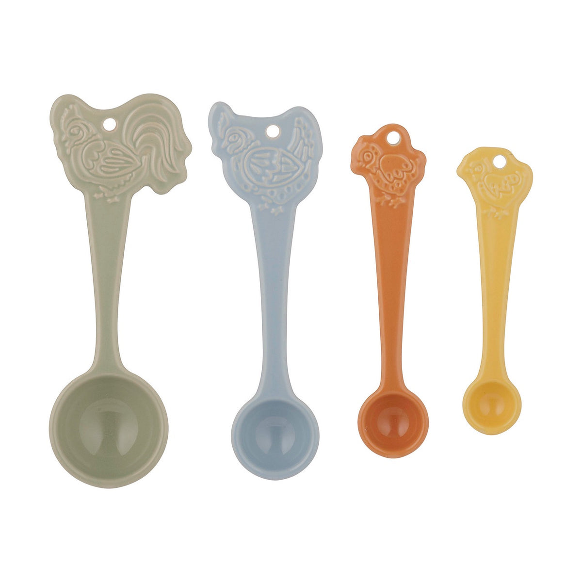 Mason Cash Home To Roost measuring spoons set of four with rooster and hen handles in green, blue, orange and yellow