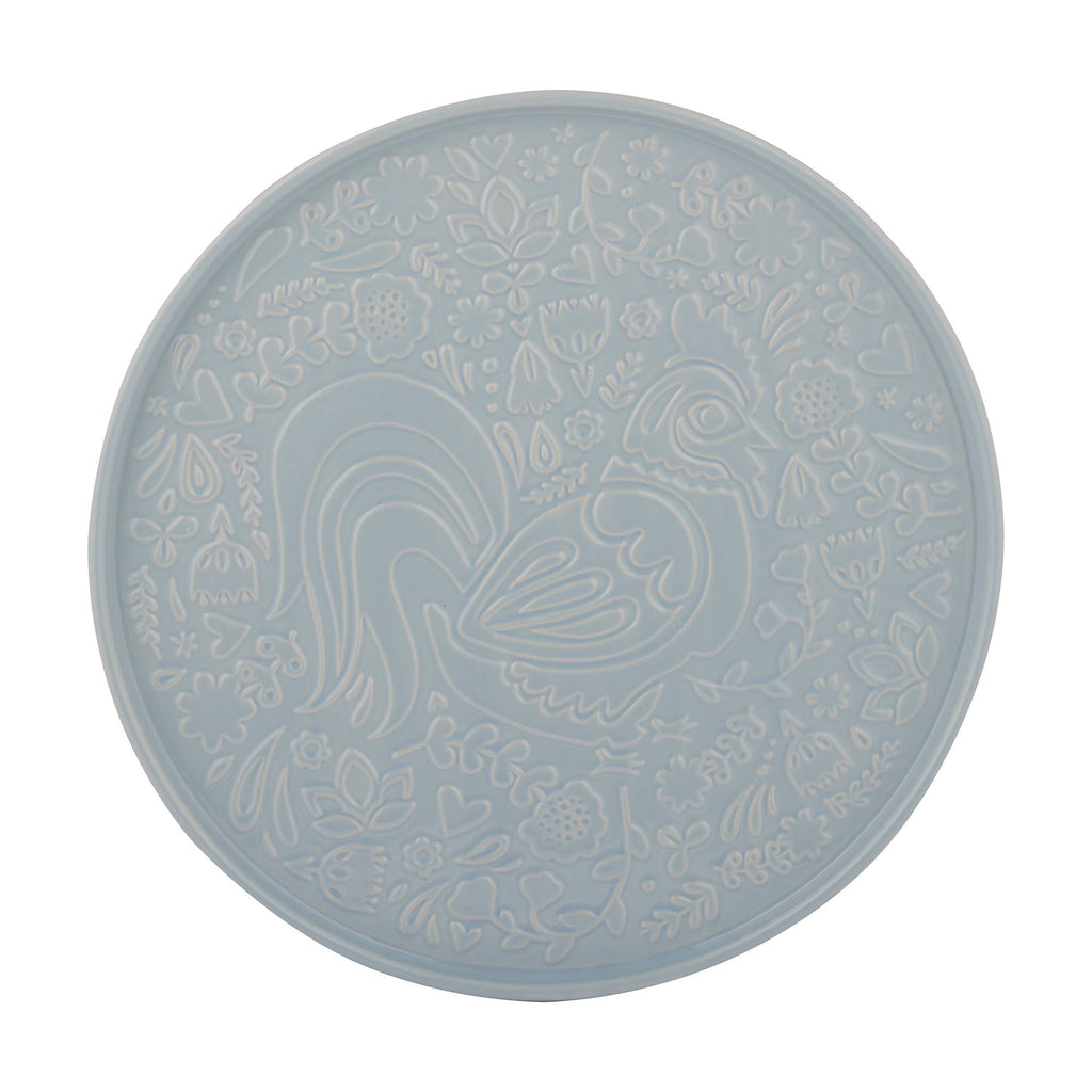 Mason Cash Home To Roost round platter in pale blue-grey with an embossed rooster and folk pattern