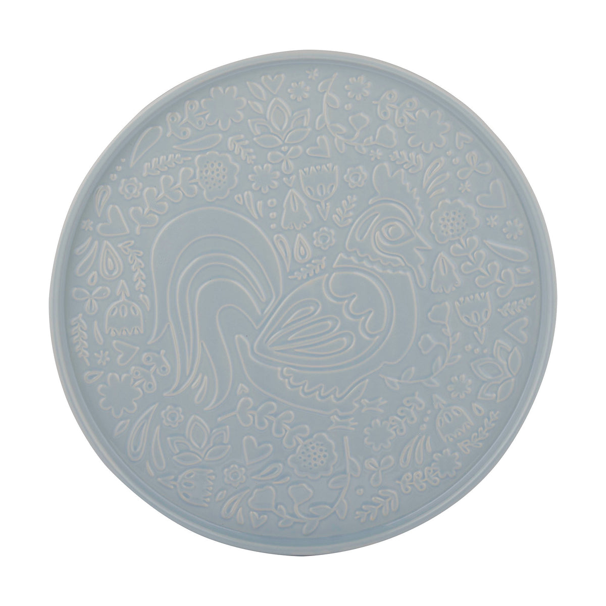 Mason Cash Home To Roost round platter in pale blue-grey with an embossed rooster and folk pattern